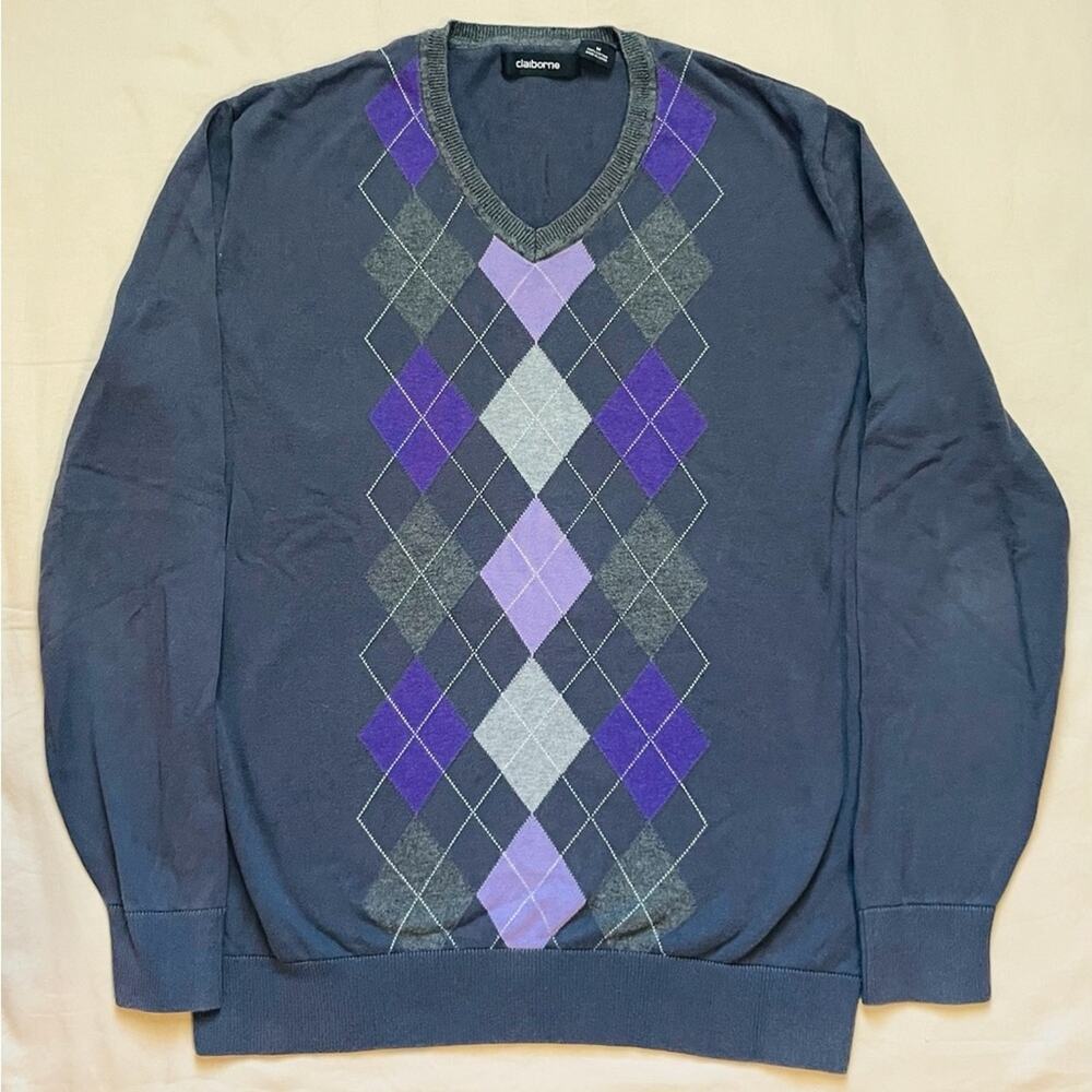 Clairborne Purple and Gray Argyle V-Neck Men’s Sweater Size Medium